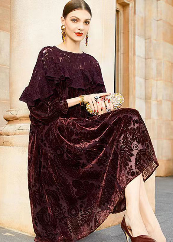 Classy Dull Red Lace Jacquard Patchwork Silk Velour Dresses Fall