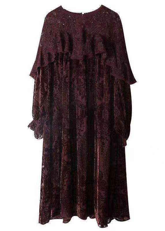 Classy Dull Red Lace Jacquard Patchwork Silk Velour Dresses Fall