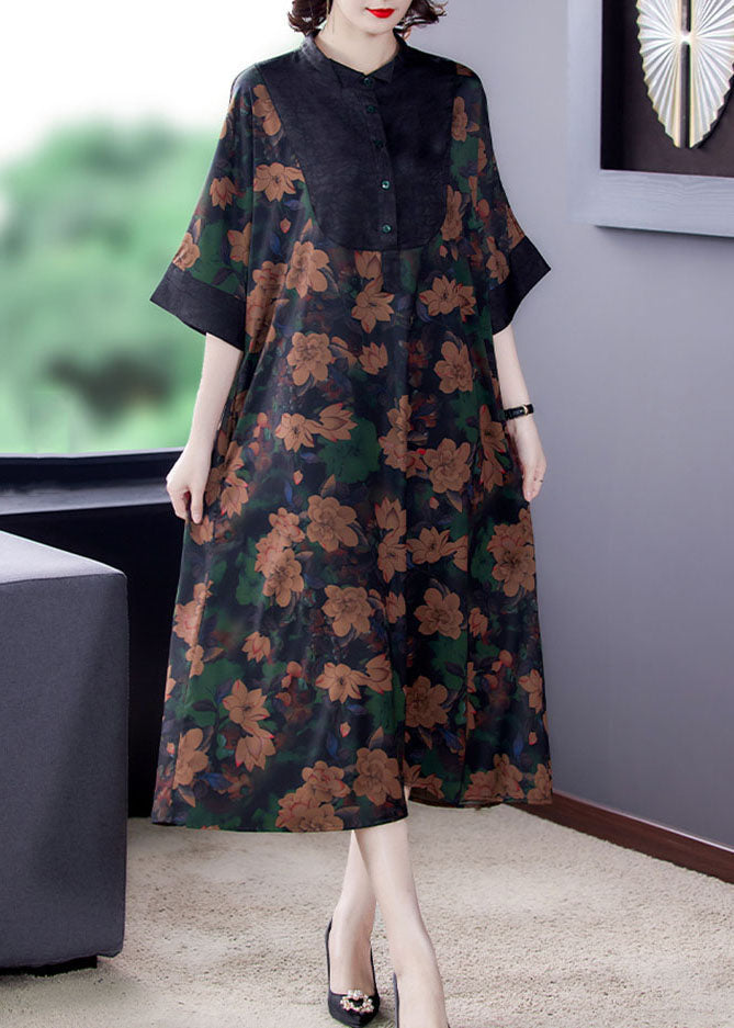 Classy Floral Stand Collar Button Patchwork Silk Dresses Summer