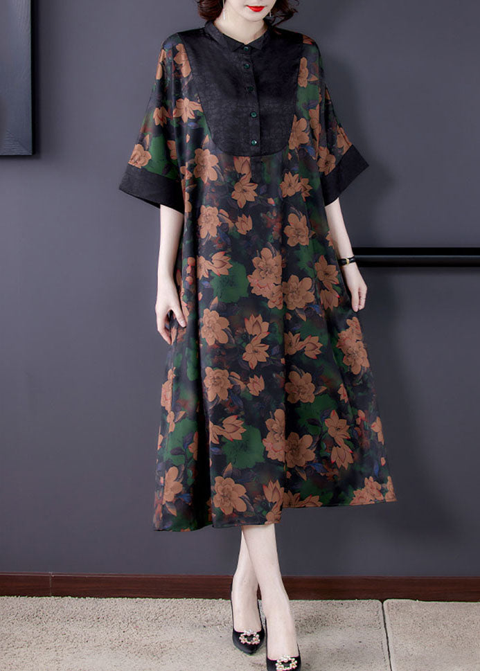 Classy Floral Stand Collar Button Patchwork Silk Dresses Summer