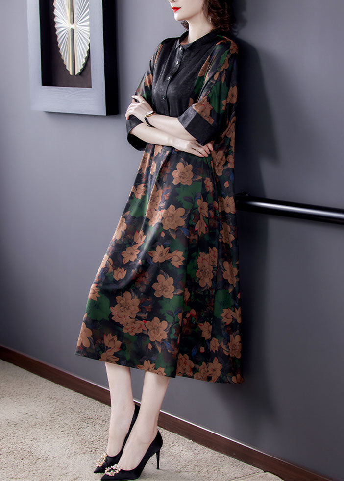 Classy Floral Stand Collar Button Patchwork Silk Dresses Summer