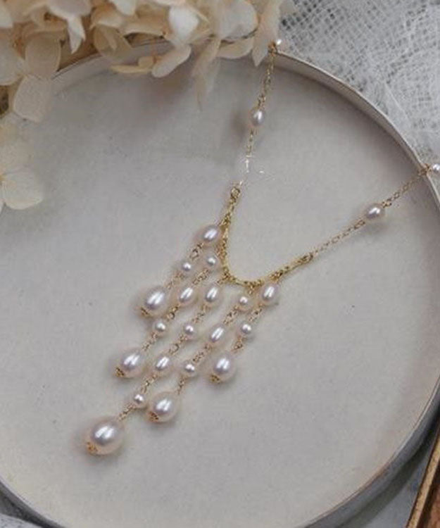 Classy Gold Overgild Pearl Tassel Pendant Necklace