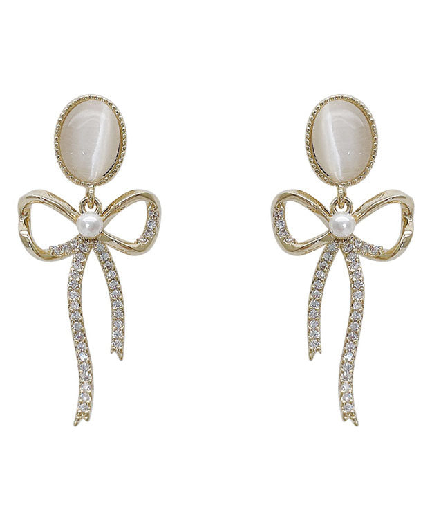 Classy Gold Sterling Silver Pearl Zircon Bow Cat's Eye Drop Earrings