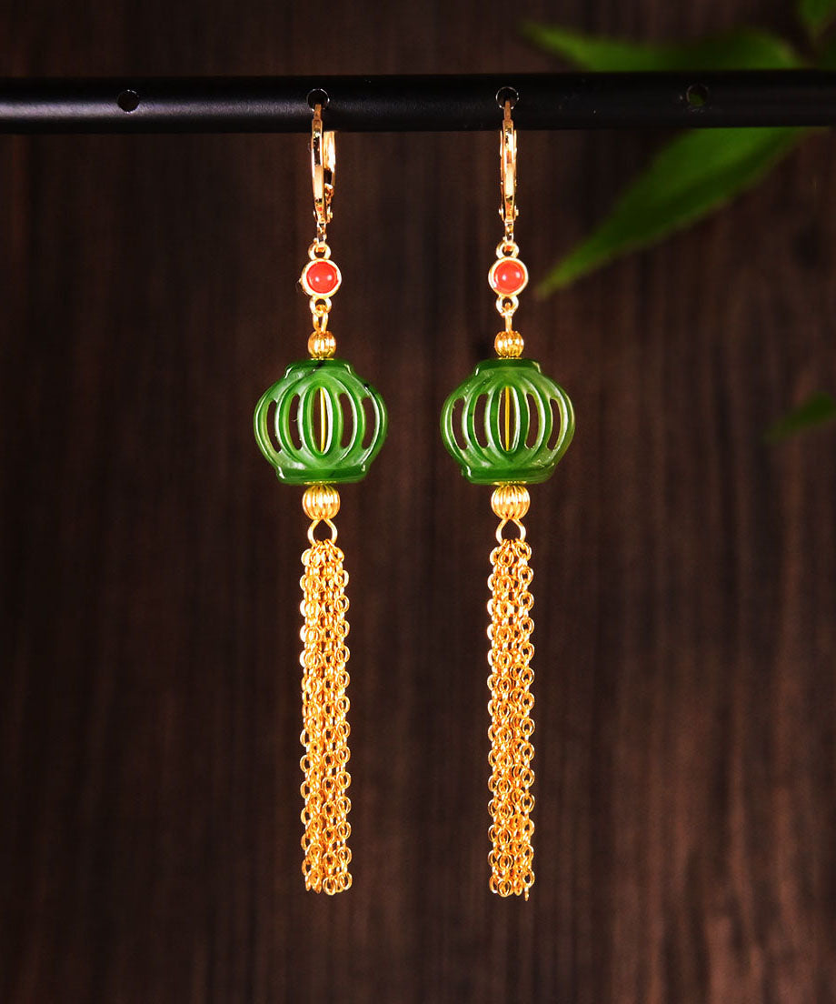 Classy Green 14K Gold Jade Tassel Drop Earrings