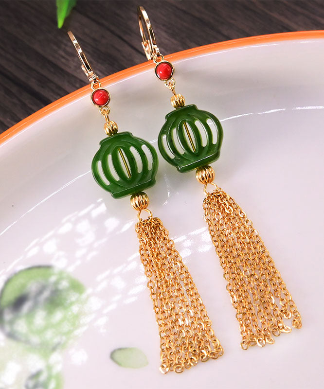 Classy Green 14K Gold Jade Tassel Drop Earrings