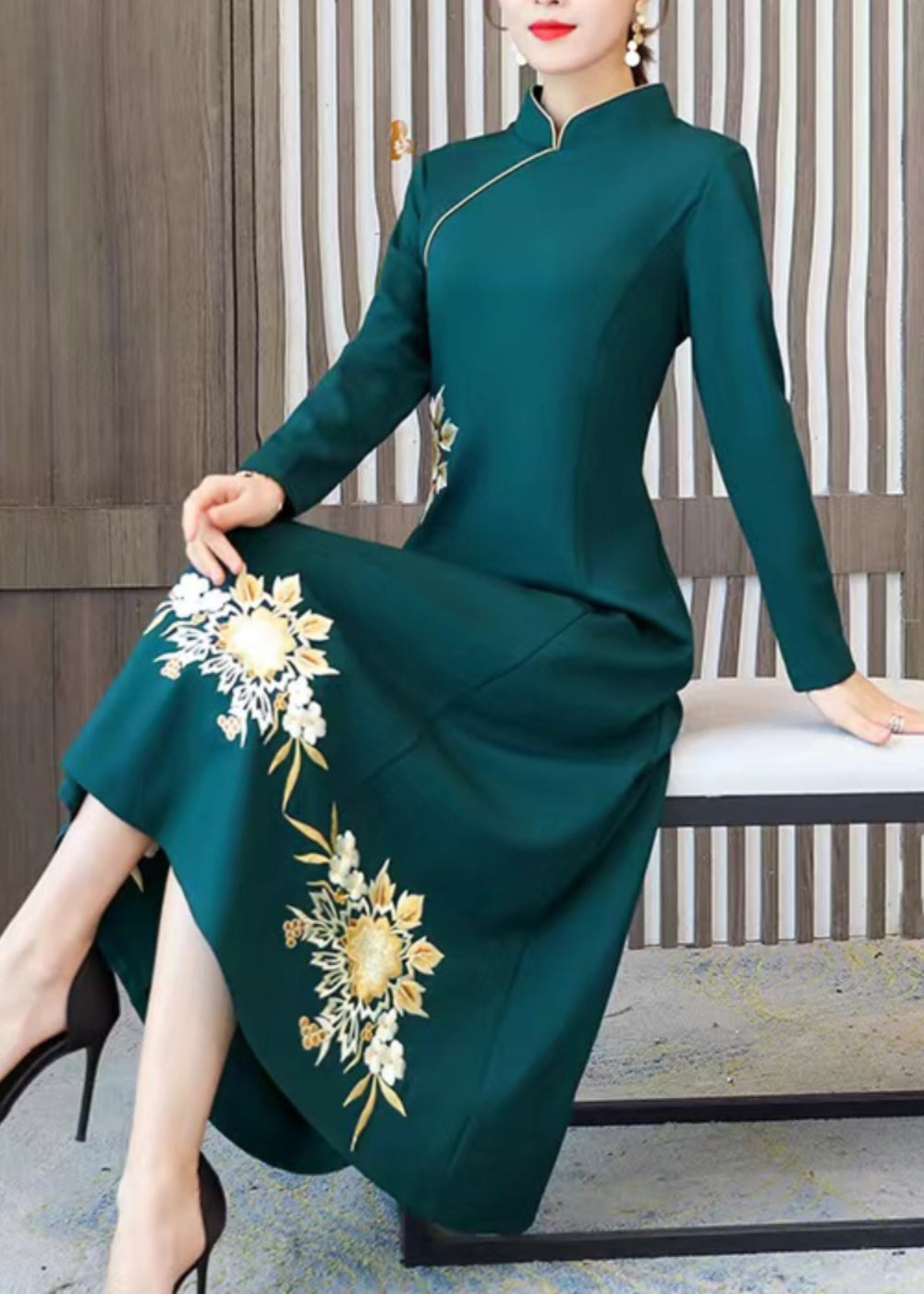 Classy Green Embroideried Patchwork Cotton Maxi Dresses Fall