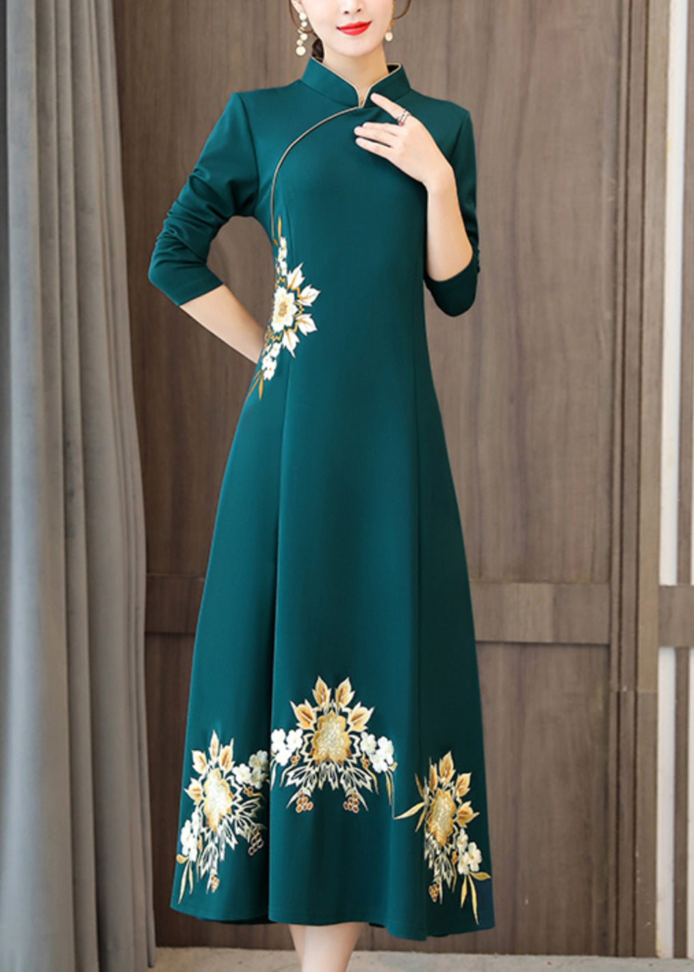 Classy Green Embroidered Patchwork Cotton Maxi Dresses Fall