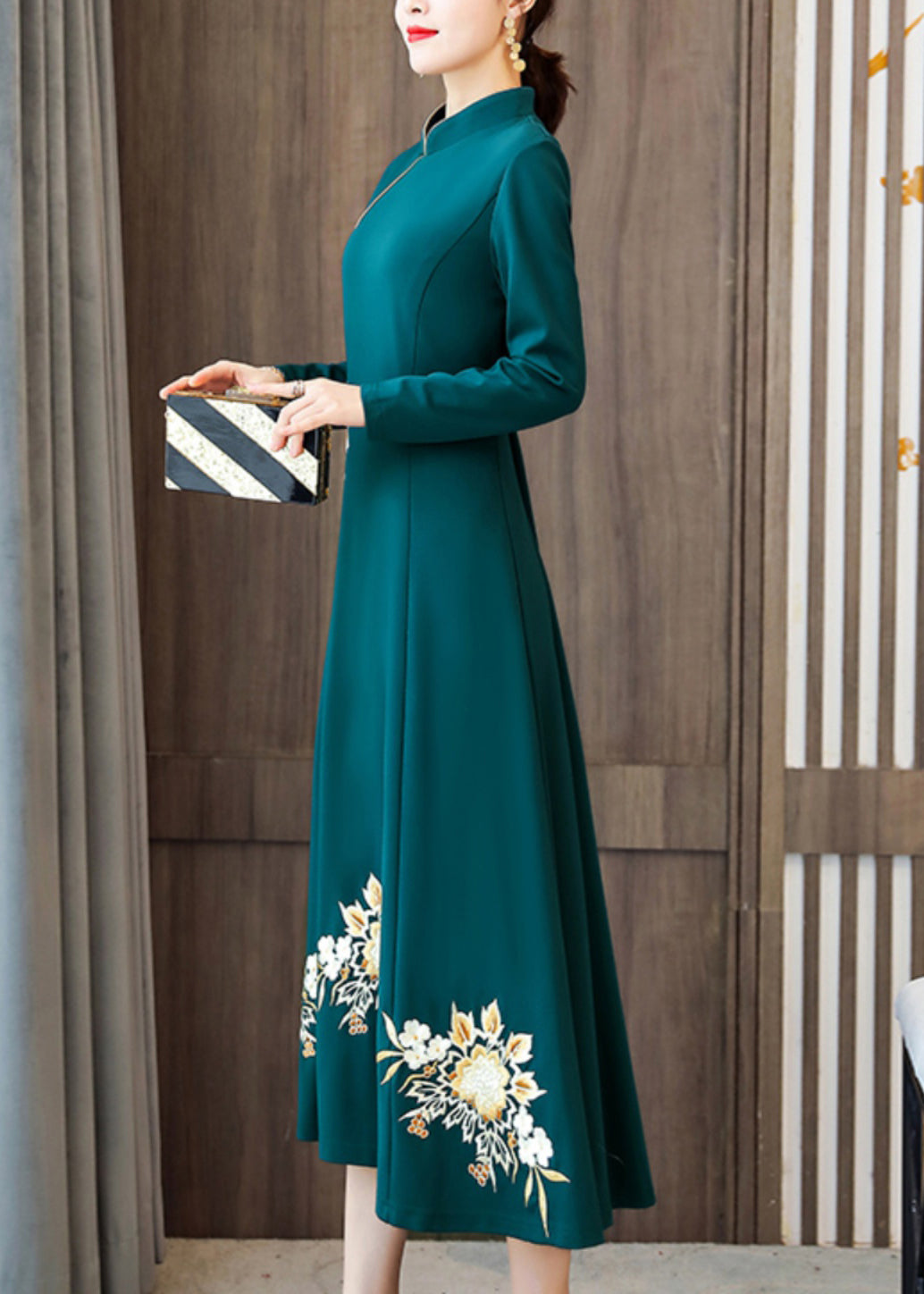 Classy Green Embroidered Patchwork Cotton Maxi Dresses Fall