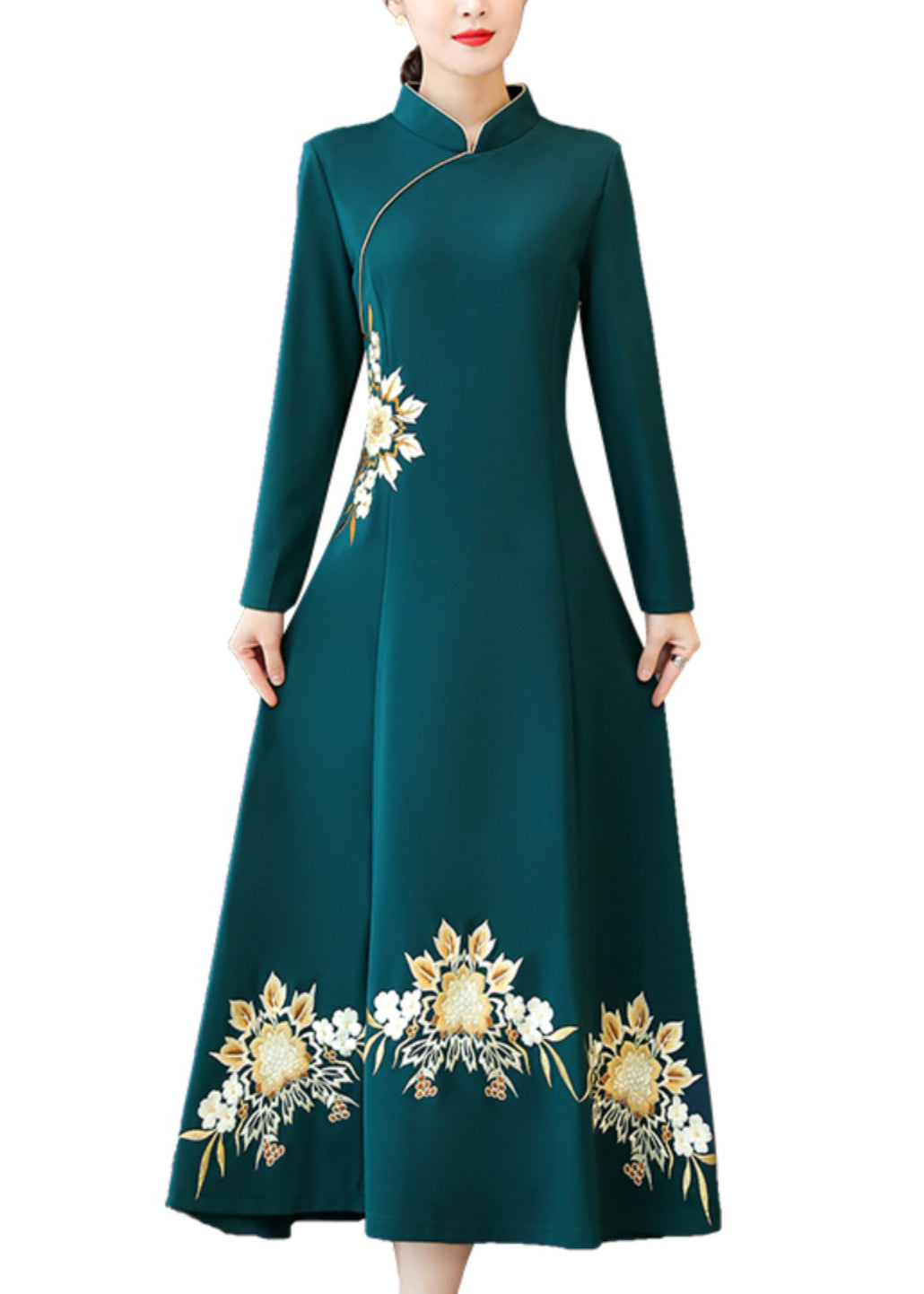 Classy Green Embroidered Patchwork Cotton Maxi Dresses Fall