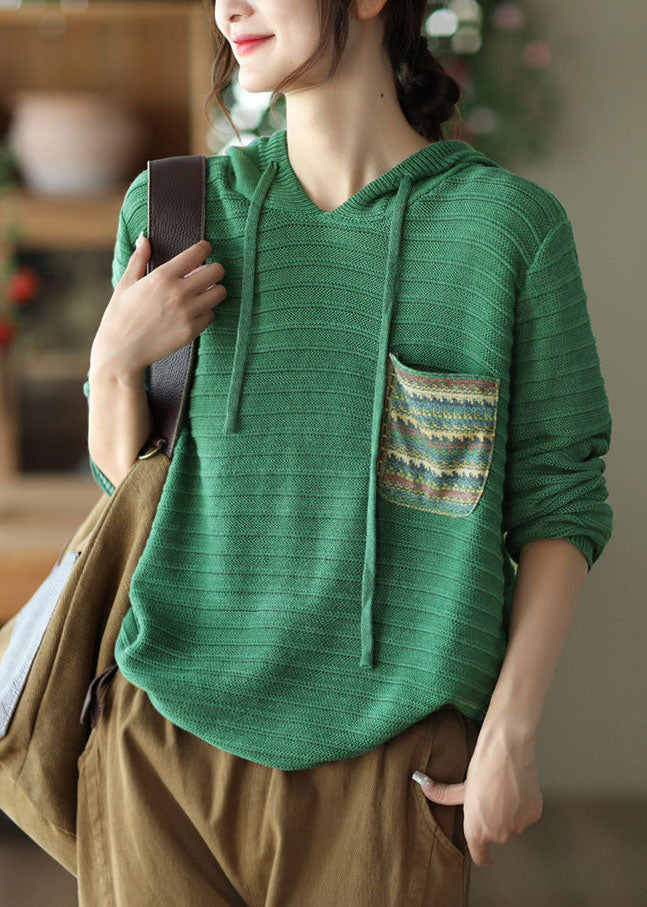 Classy Green Hooded Drawstring Pocket Knit Shirts Winter