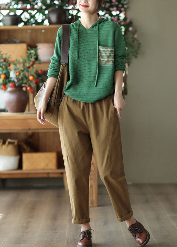 Classy Green Hooded Drawstring Pocket Knit Shirts Winter