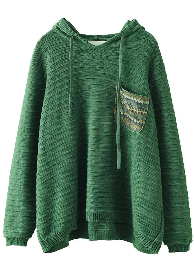Classy Green Hooded Drawstring Pocket Knit Shirts Winter