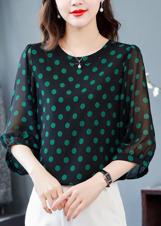 Classy Green O-Neck Dot Chiffon Top Spring