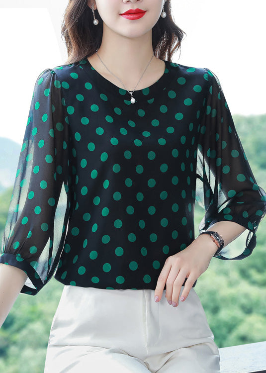 Classy Green O-Neck Dot Chiffon Top Spring