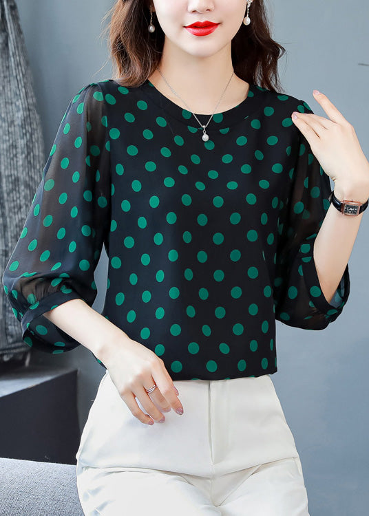 Classy Green O-Neck Dot Chiffon Top Spring