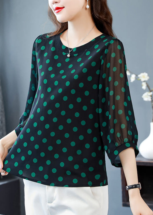 Classy Green O-Neck Dot Chiffon Top Spring