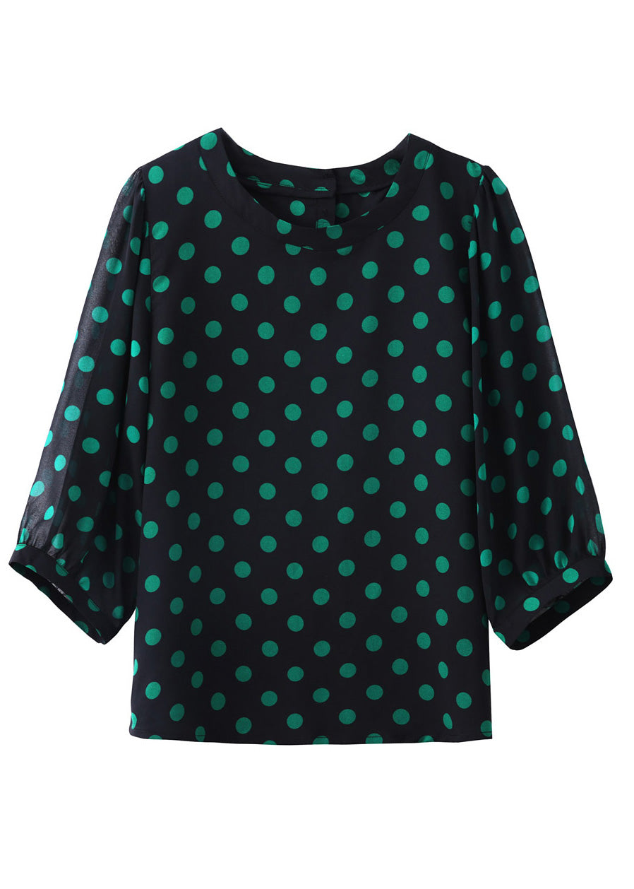 Classy Green O-Neck Dot Chiffon Top Spring