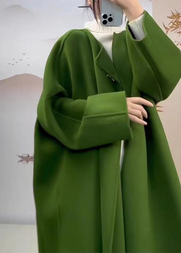 Classy Green O Neck Pockets Plus Size Woolen Coat Fall