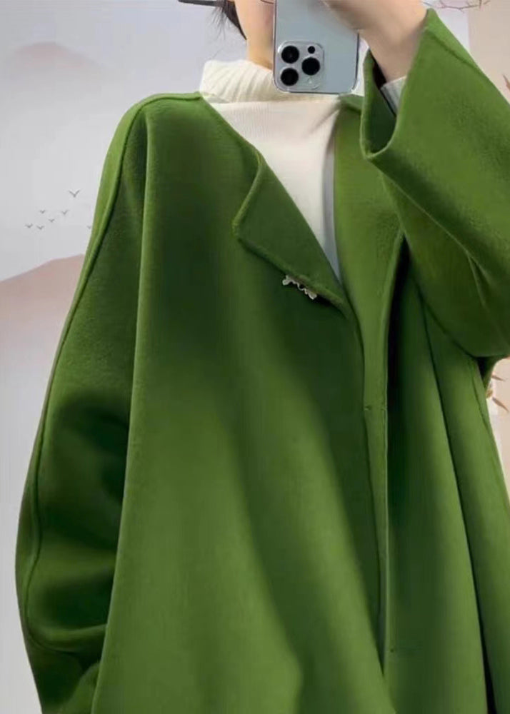 Classy Green O Neck Pockets Plus Size Woolen Coat Fall