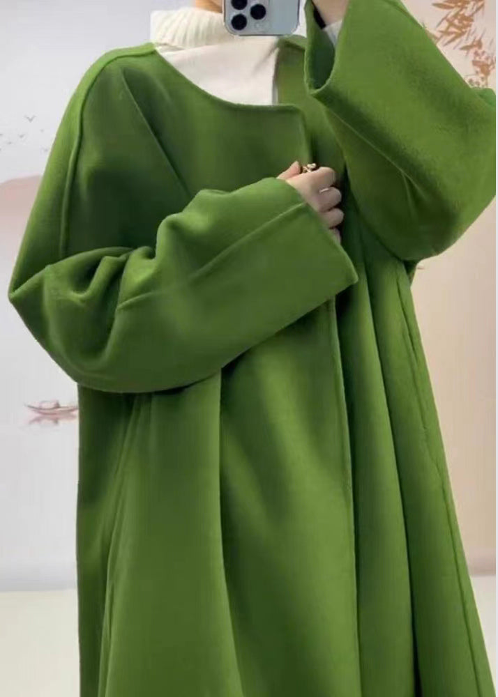 Classy Green O Neck Pockets Plus Size Woolen Coat Fall