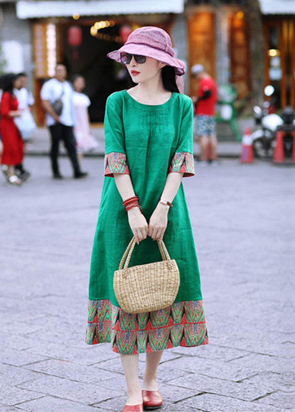 Classy Green Oversized Patchwork Linen Dress Half Sleeve