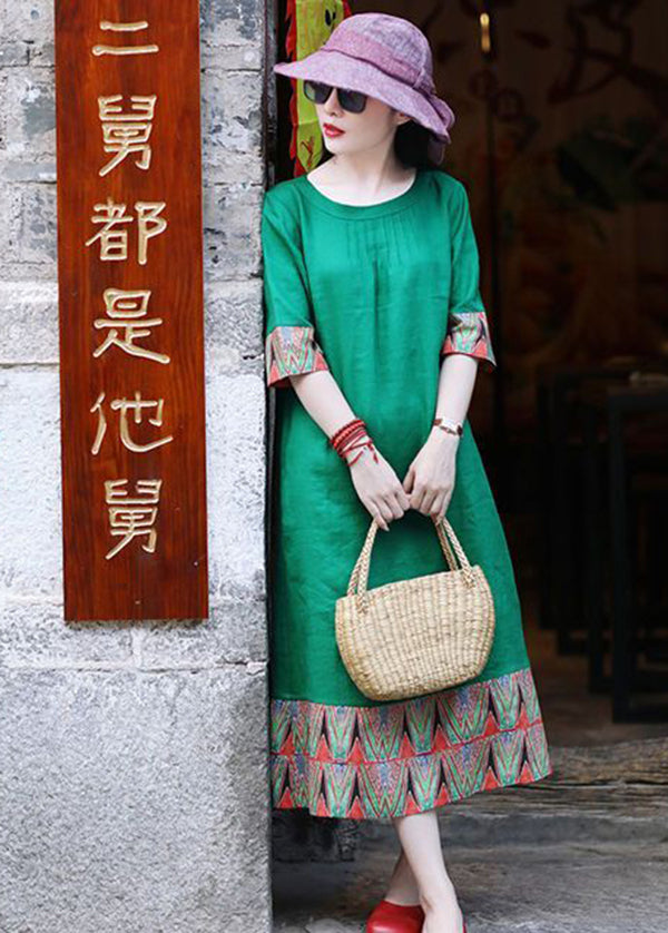 Classy Green Oversized Patchwork Linen Dress Half Sleeve