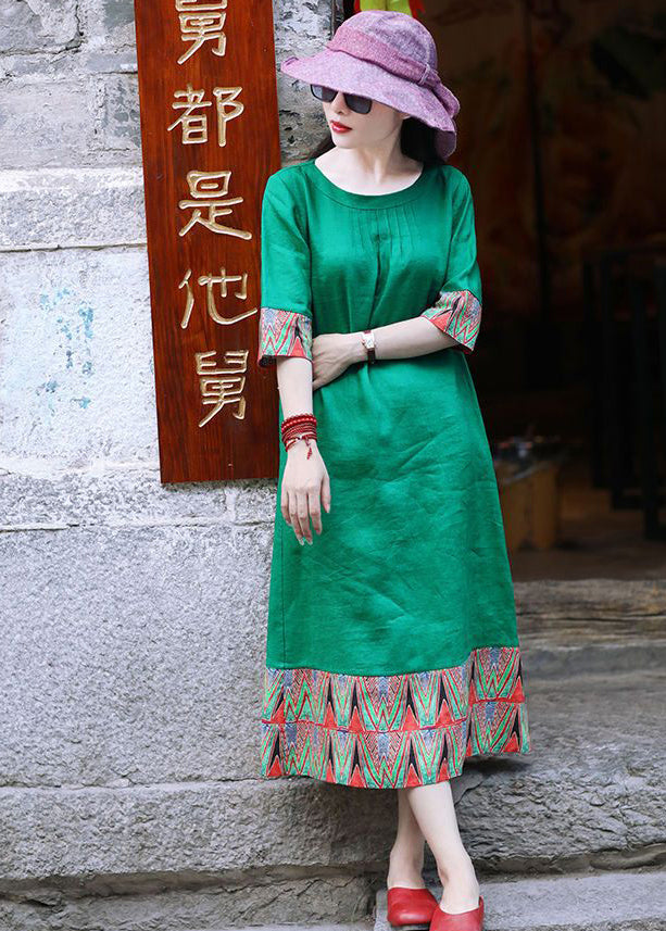 Classy Green Oversized Patchwork Linen Dress Half Sleeve