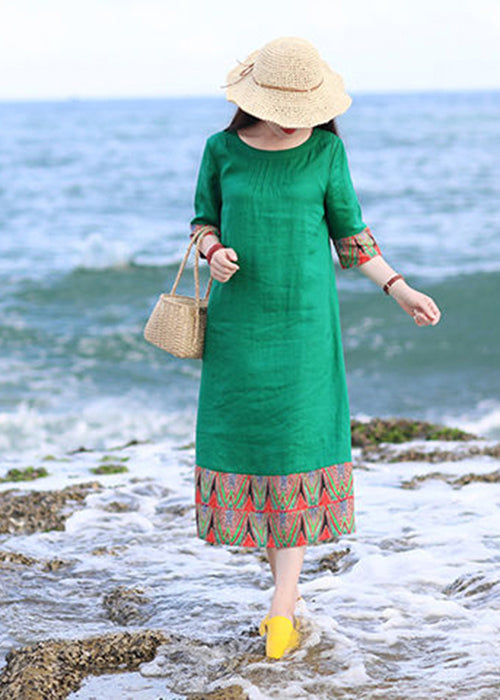 Classy Green Oversized Patchwork Linen Dress Half Sleeve