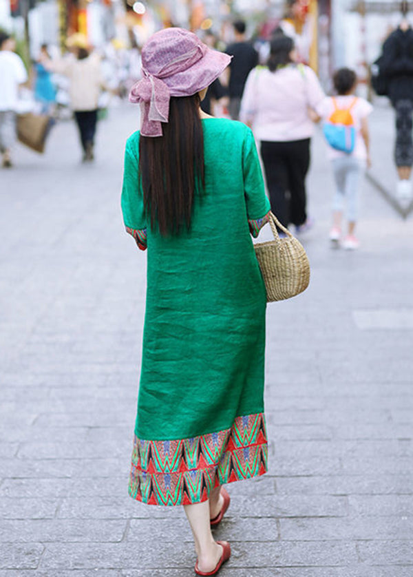 Classy Green Oversized Patchwork Linen Dress Half Sleeve