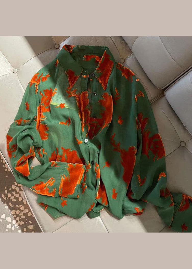 Classy Green Peter Pan Collar Jacquard Patchwork Silk Shirts Fall