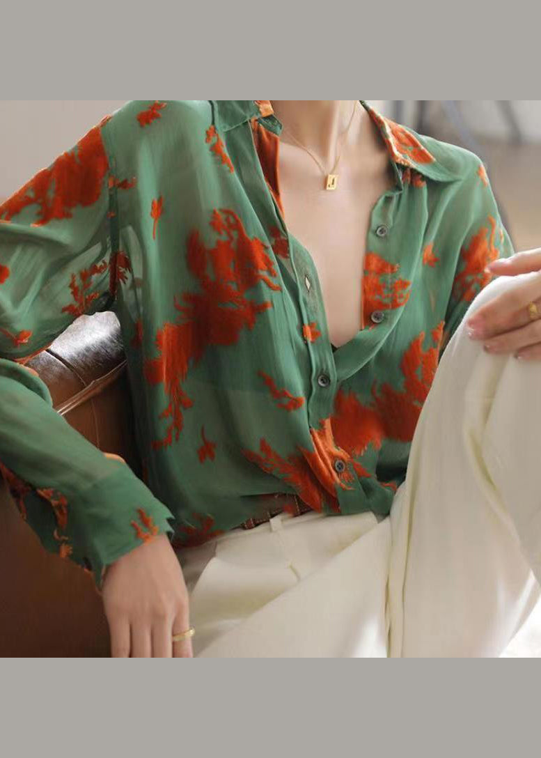 Classy Green Peter Pan Collar Jacquard Patchwork Silk Shirts Fall