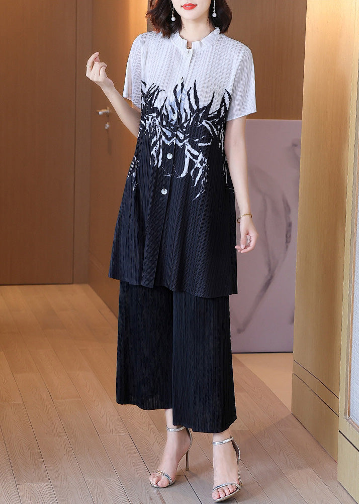 Classy Green Stand Collar Print Side Open Long Shirts And Wide Leg Pants Two Piece Set Short Sleeve