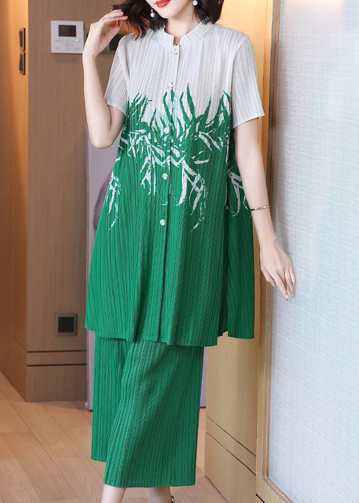 Classy Green Stand Collar Print Side Open Long Shirts And Wide Leg Pants Two Piece Set Short Sleeve