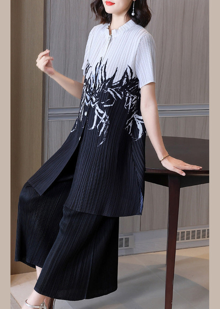 Classy Green Stand Collar Print Side Open Long Shirts And Wide Leg Pants Two Piece Set Short Sleeve