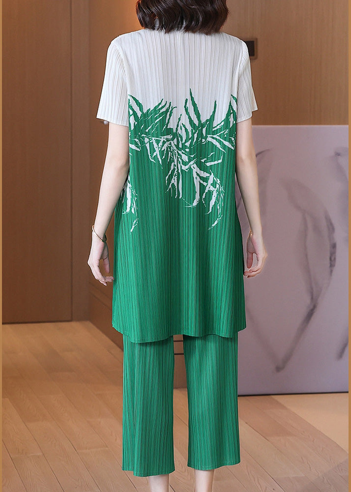Classy Green Stand Collar Print Side Open Long Shirts And Wide Leg Pants Two Piece Set Short Sleeve