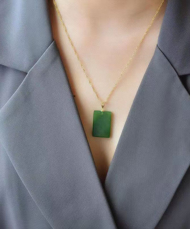 Classy Green Sterling Silver Jade Rectangle Pendant Necklace