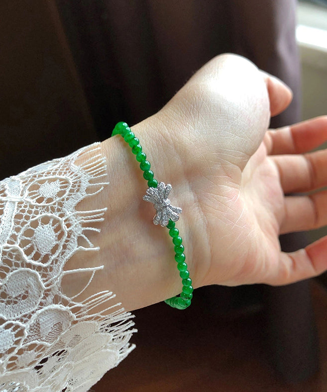 Classy Green Sterling Silver Zircon Jade Bow Chain Bracelet