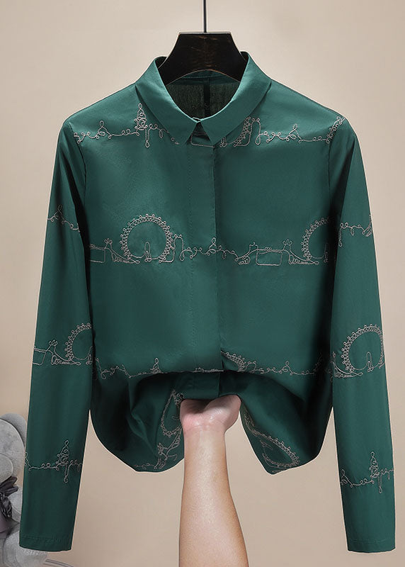Classy Green Turn-down Collar Embroideried Solid Cotton Shirts Long Sleeve