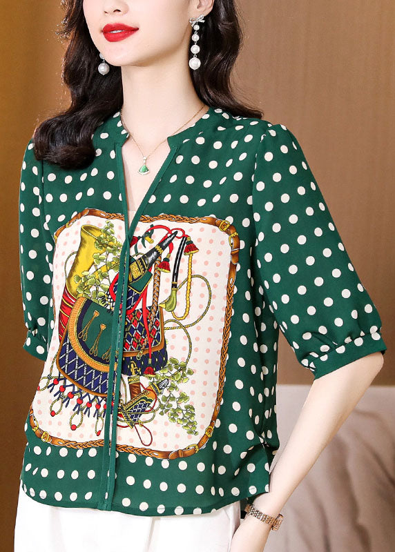 Classy Green V Neck Lace Up Dot Print Chiffon Shirt Half Sleeve