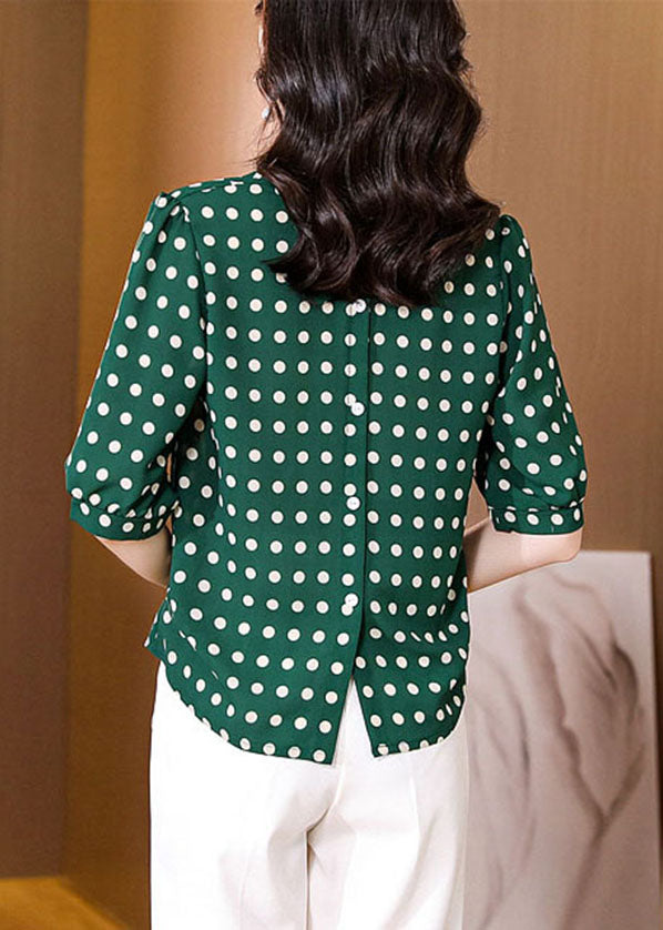 Classy Green V Neck Lace Up Dot Print Chiffon Shirt Half Sleeve
