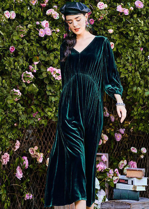 Classy Green V Neck Patchwork Wrinkled Velour Long Dress Long Sleeve