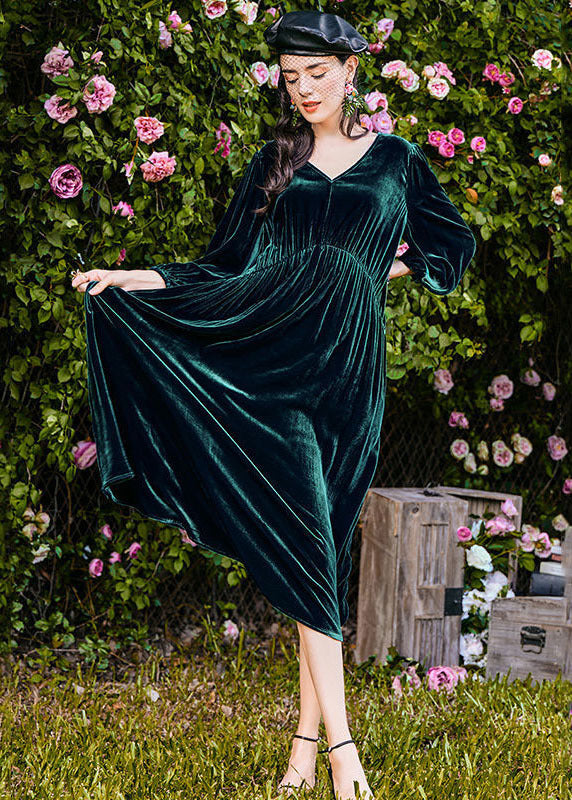 Classy Green V Neck Patchwork Wrinkled Velour Long Dress Long Sleeve