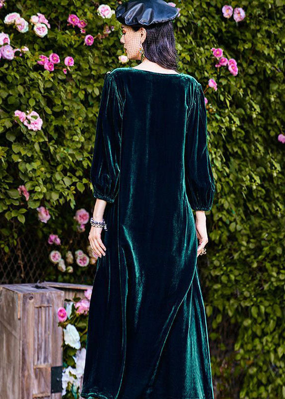 Classy Green V Neck Patchwork Wrinkled Velour Long Dress Long Sleeve