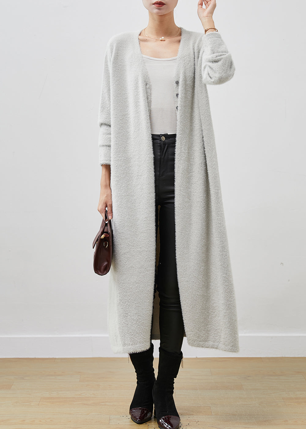 Classy Grey Oversized Mink Velvet Knitted Loose Coat Winter