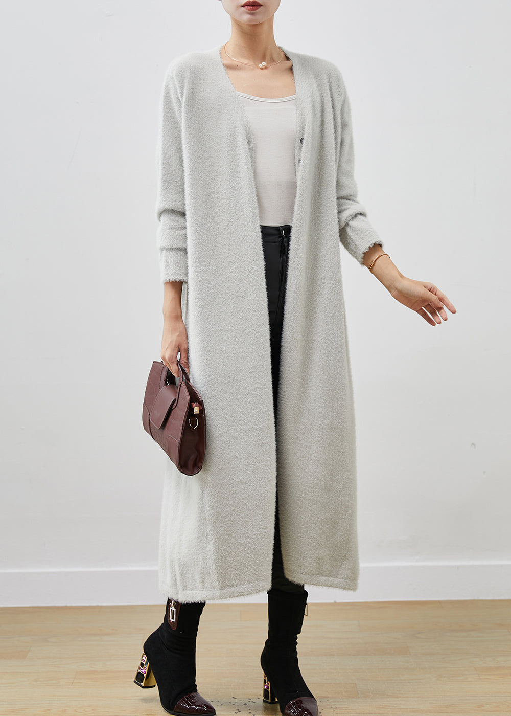 Classy Grey Oversized Mink Velvet Knitted Loose Coat Winter