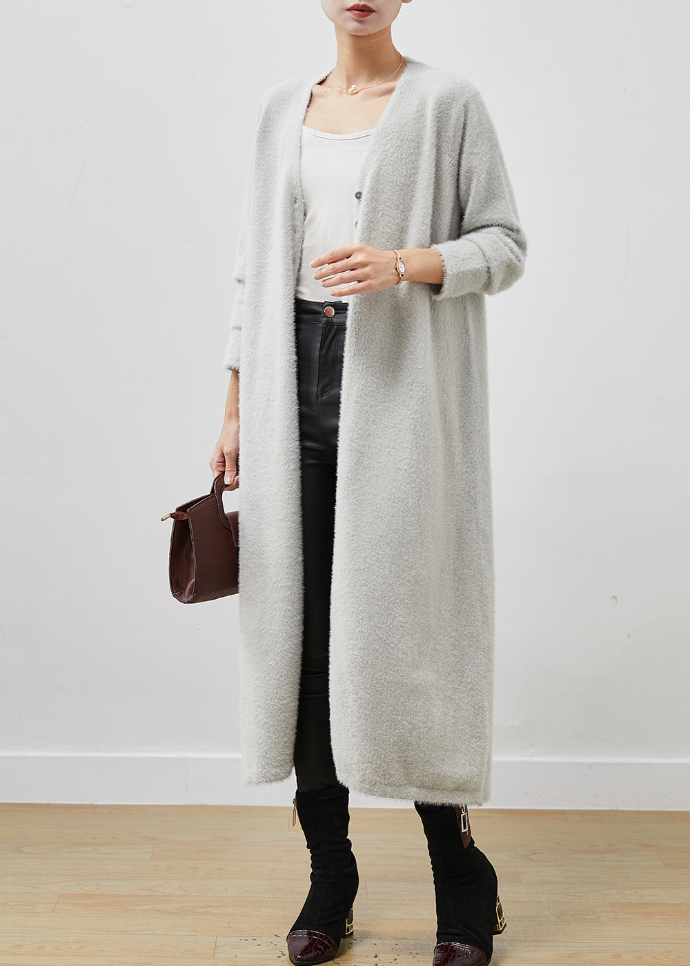 Classy Grey Oversized Mink Velvet Knitted Loose Coat Winter