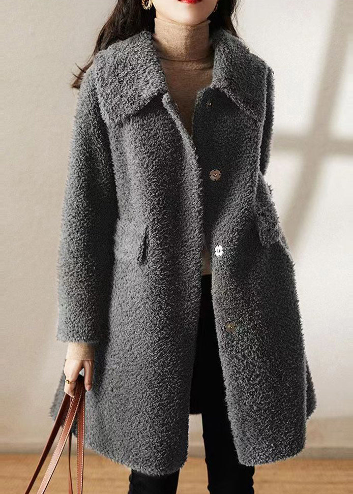 Classy Grey Peter Pan Collar Pockets Patchwork Wool Trench Winter