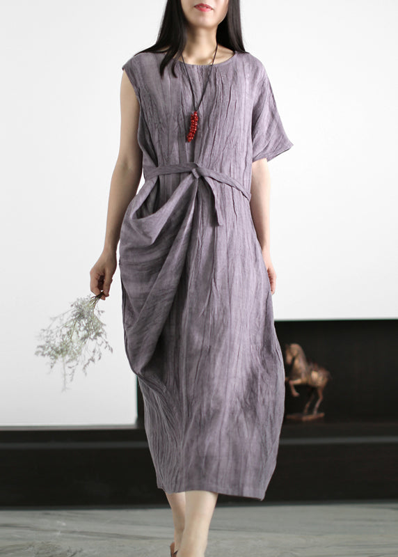 Classy Grey Purple Wrinkled Tie Waist Asymmetrical Linen Dress Summer