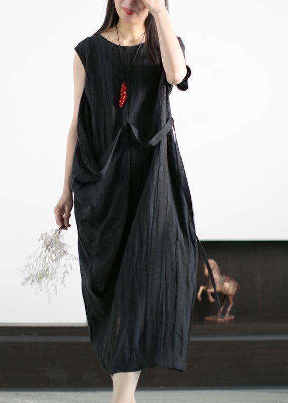 Classy Grey Purple Wrinkled Tie Waist Asymmetrical Linen Dress Summer