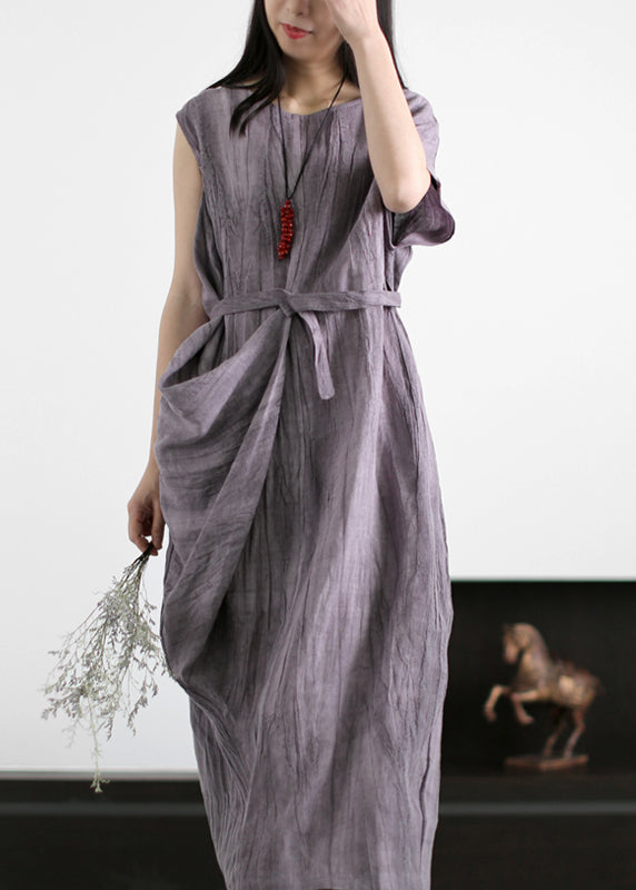 Classy Grey Purple Wrinkled Tie Waist Asymmetrical Linen Dress Summer